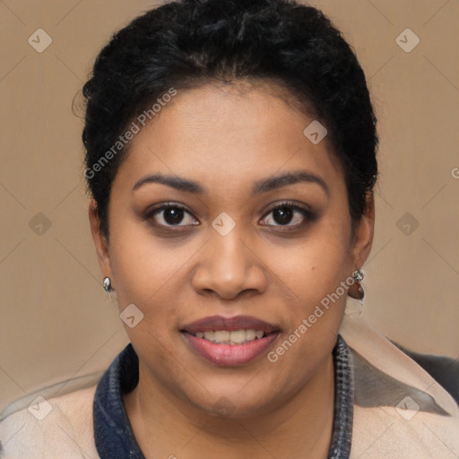 Joyful latino young-adult female with short  brown hair and brown eyes