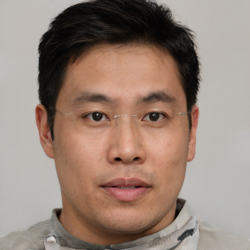 Neutral asian young-adult male with short  brown hair and brown eyes