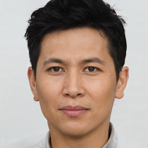 Neutral asian adult male with short  brown hair and brown eyes