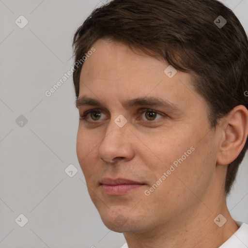 Neutral white young-adult male with short  brown hair and brown eyes