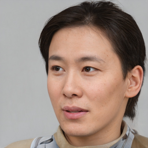 Joyful asian young-adult male with short  brown hair and brown eyes