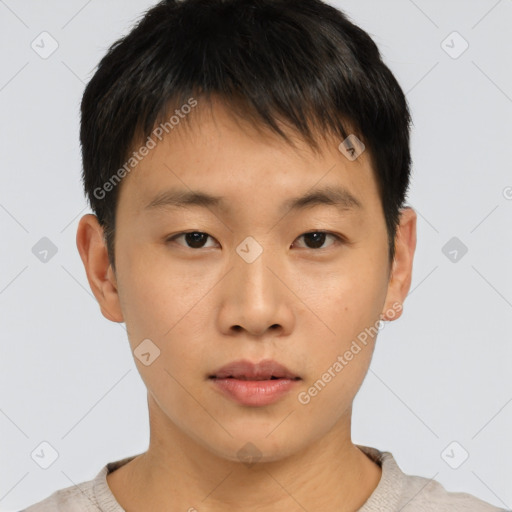 Neutral asian young-adult male with short  brown hair and brown eyes