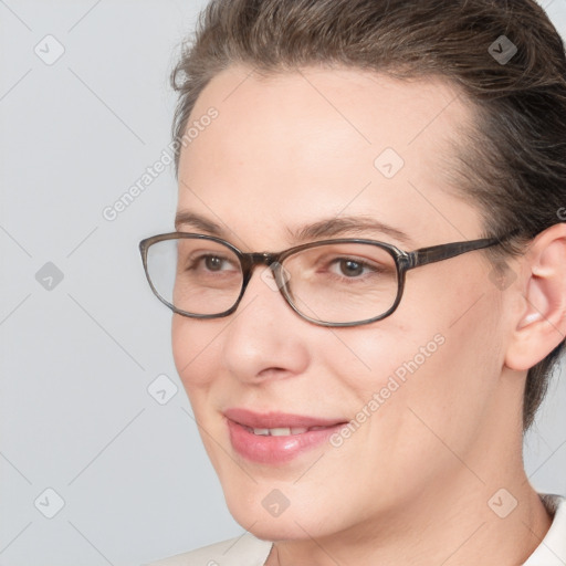 Joyful white adult female with short  brown hair and brown eyes