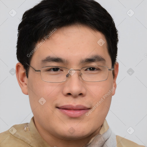 Joyful asian adult male with short  brown hair and brown eyes