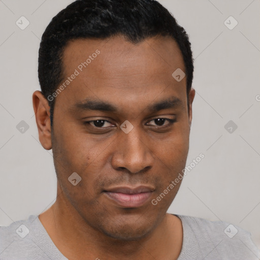 Neutral black young-adult male with short  black hair and brown eyes