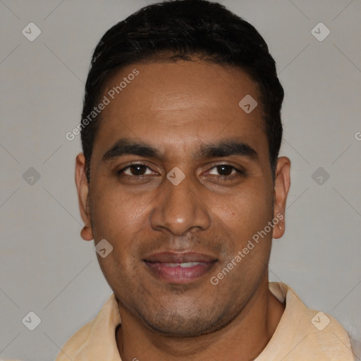 Joyful black young-adult male with short  black hair and brown eyes
