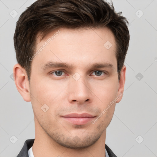 Neutral white young-adult male with short  brown hair and grey eyes