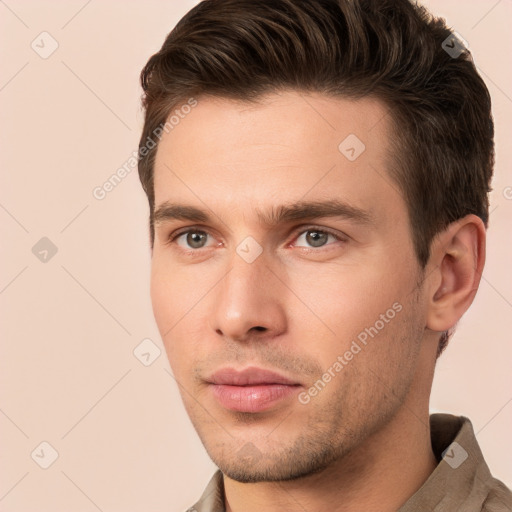 Neutral white young-adult male with short  brown hair and brown eyes