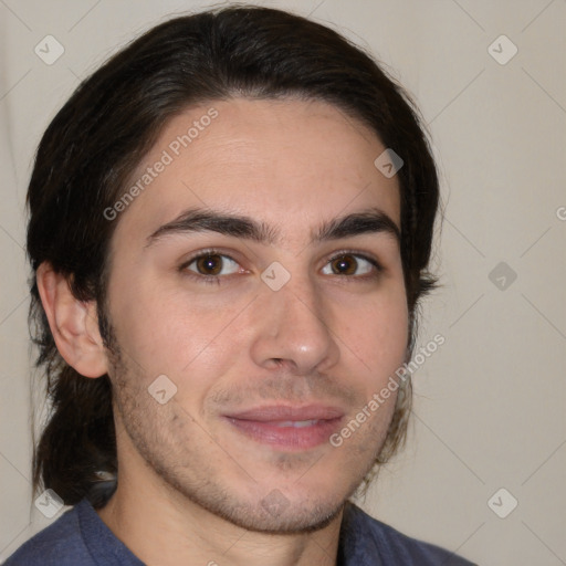 Joyful white young-adult male with medium  brown hair and brown eyes