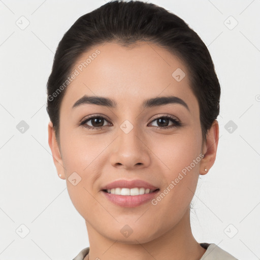 Joyful white young-adult female with short  brown hair and brown eyes