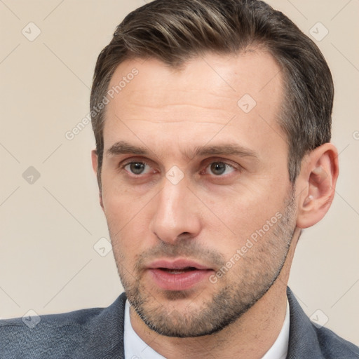 Neutral white young-adult male with short  brown hair and brown eyes