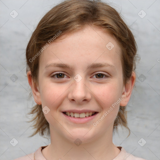 Joyful white child female with medium  brown hair and brown eyes