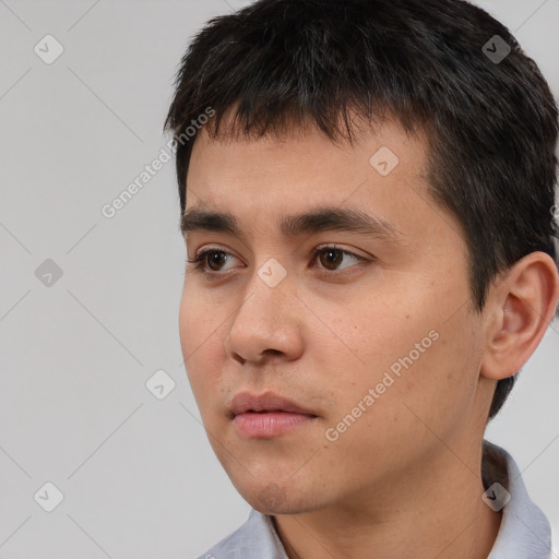 Neutral white young-adult male with short  black hair and brown eyes