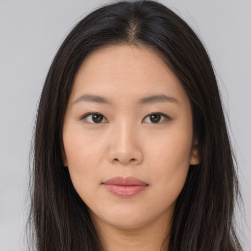 Neutral asian young-adult female with long  brown hair and brown eyes