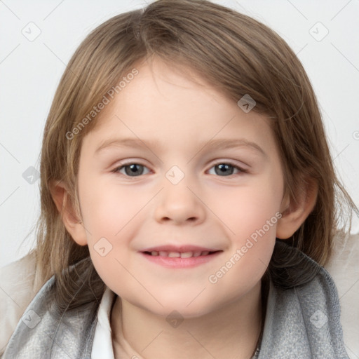 Joyful white child female with medium  brown hair and grey eyes