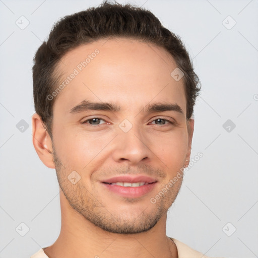 Joyful white young-adult male with short  brown hair and brown eyes