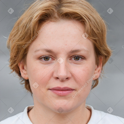 Joyful white young-adult female with medium  brown hair and blue eyes