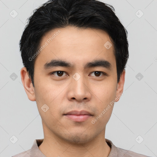 Neutral asian young-adult male with short  black hair and brown eyes