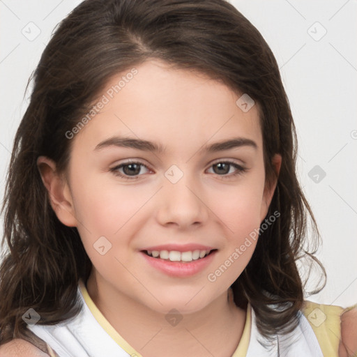 Joyful white child female with medium  brown hair and brown eyes