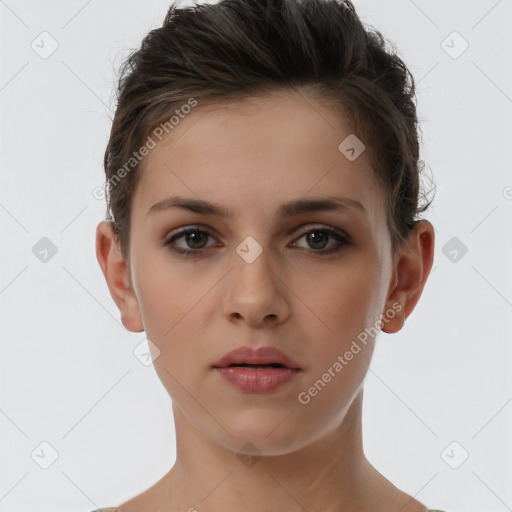 Neutral white young-adult female with short  brown hair and brown eyes