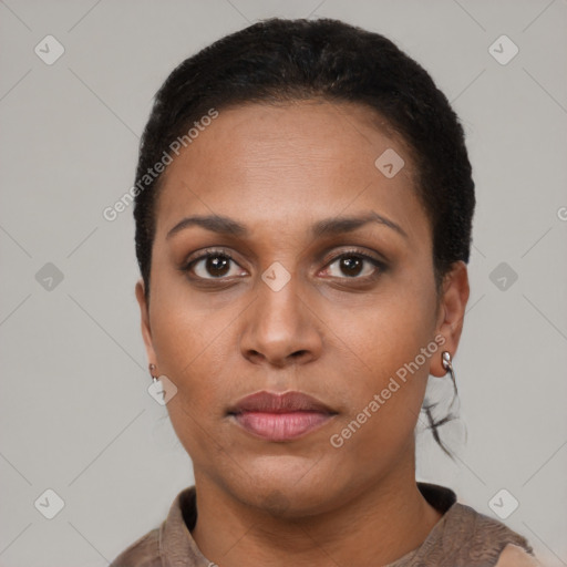 Neutral black young-adult female with short  brown hair and brown eyes