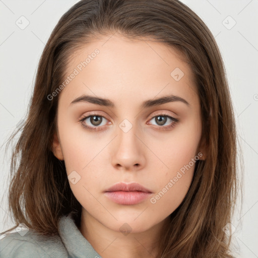 Neutral white young-adult female with long  brown hair and brown eyes