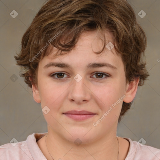 Joyful white child female with medium  brown hair and brown eyes