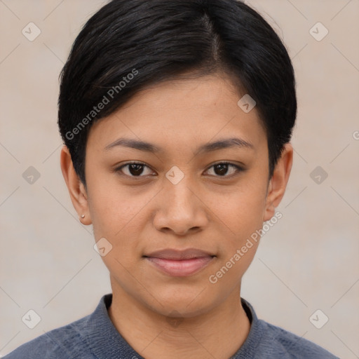 Joyful asian young-adult female with short  black hair and brown eyes