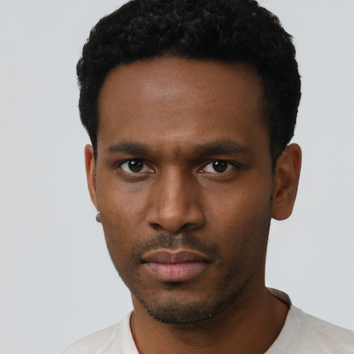 Neutral black young-adult male with short  black hair and brown eyes