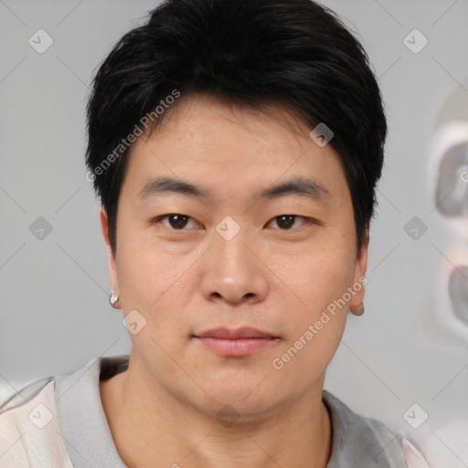 Neutral asian young-adult male with short  black hair and brown eyes