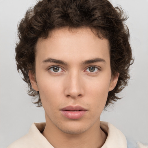 Neutral white young-adult female with short  brown hair and brown eyes