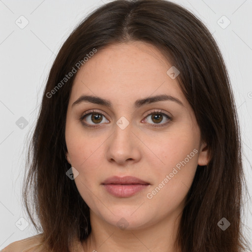 Neutral white young-adult female with long  brown hair and brown eyes