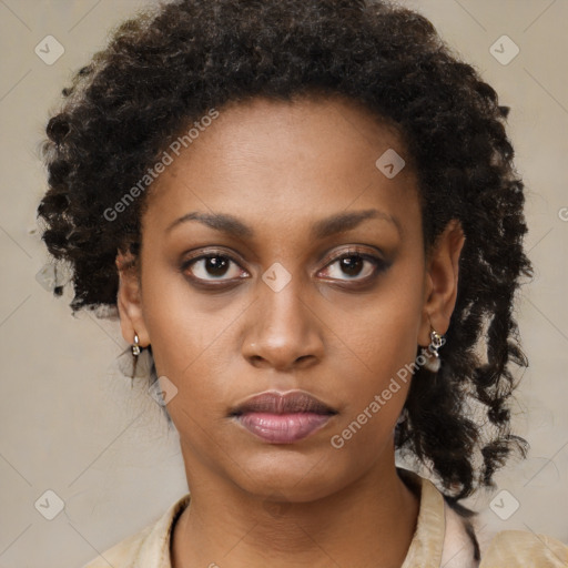 Neutral black young-adult female with medium  brown hair and brown eyes