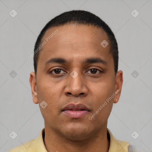 Neutral latino young-adult male with short  black hair and brown eyes