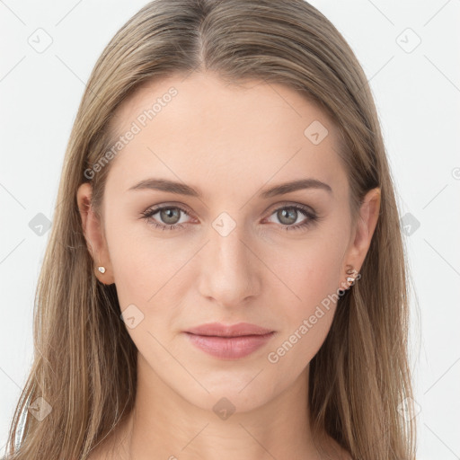 Joyful white young-adult female with long  brown hair and grey eyes