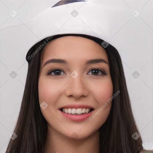 Joyful white young-adult female with long  black hair and brown eyes