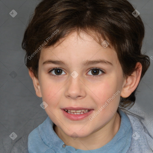 Joyful white child female with medium  brown hair and brown eyes