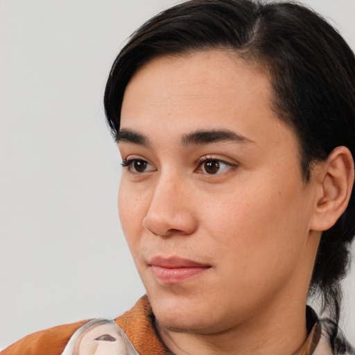 Neutral asian young-adult female with short  brown hair and brown eyes