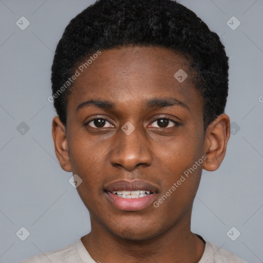 Neutral black young-adult male with short  black hair and brown eyes