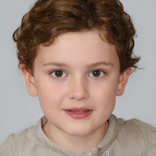 Joyful white child female with short  brown hair and brown eyes