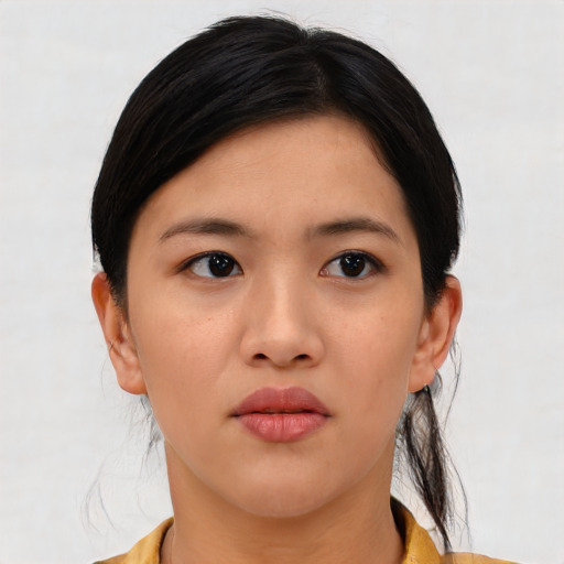 Neutral asian young-adult female with medium  black hair and brown eyes