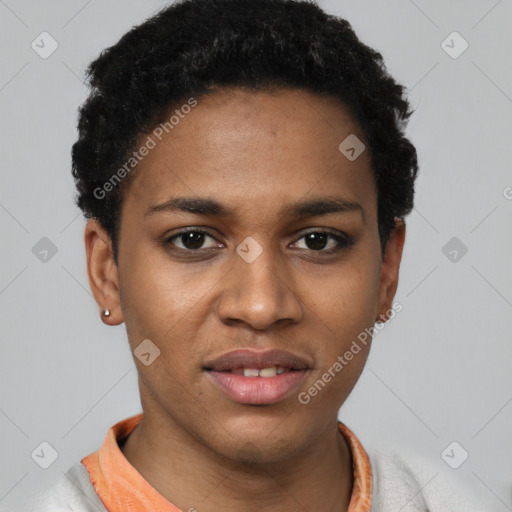 Joyful latino young-adult female with short  black hair and brown eyes