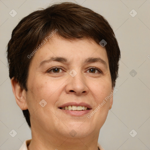 Joyful white adult female with short  brown hair and brown eyes