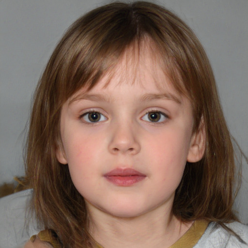 Neutral white child female with medium  brown hair and grey eyes