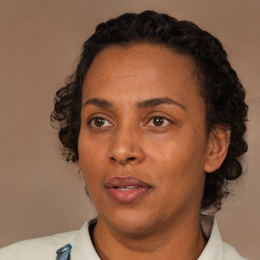 Neutral black adult female with short  black hair and brown eyes