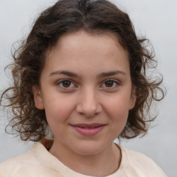 Joyful white child female with medium  brown hair and brown eyes