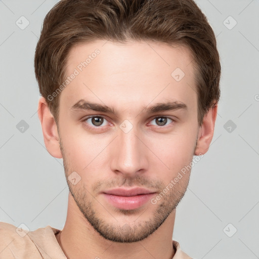 Neutral white young-adult male with short  brown hair and grey eyes