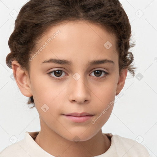 Joyful white child female with short  brown hair and brown eyes