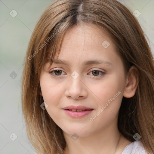 Joyful white child female with medium  brown hair and brown eyes