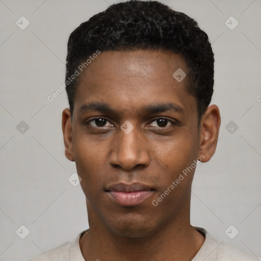 Neutral black young-adult male with short  black hair and brown eyes